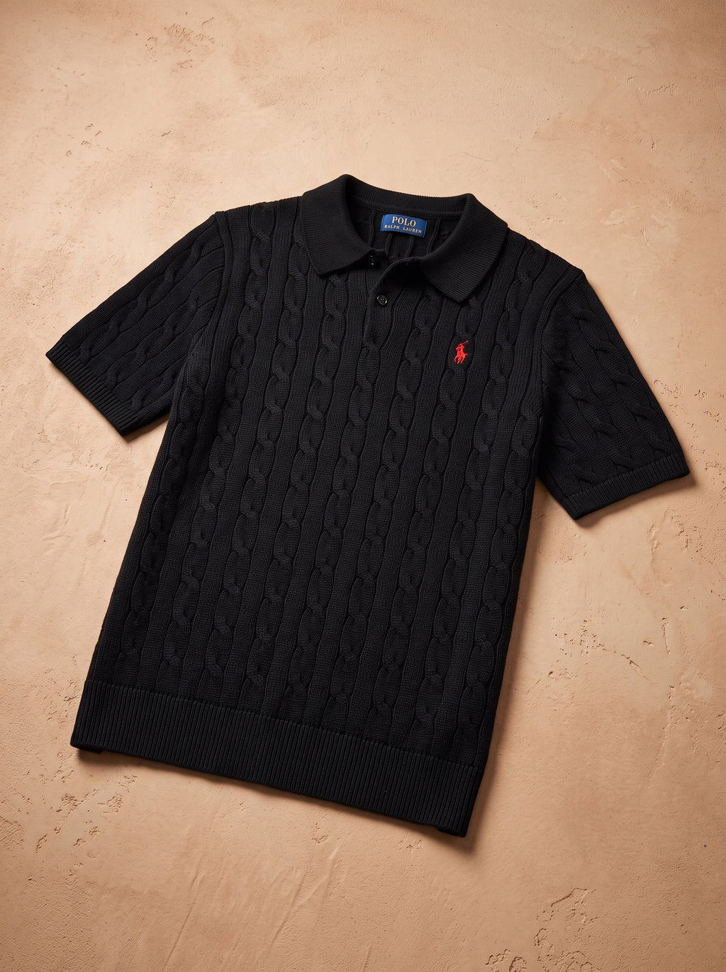Ralph Lauren Cable Knit Polo Shirt – Black | Premium Export Quality