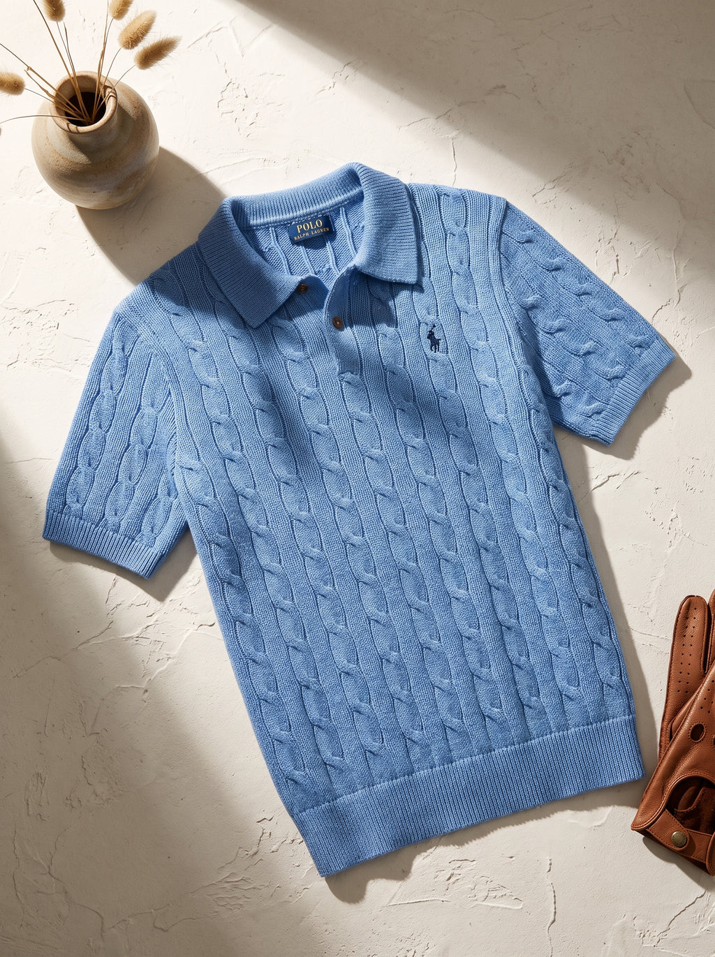 Ralph Lauren Cable Knit Polo Shirt – Light Blue | Premium Export Quality