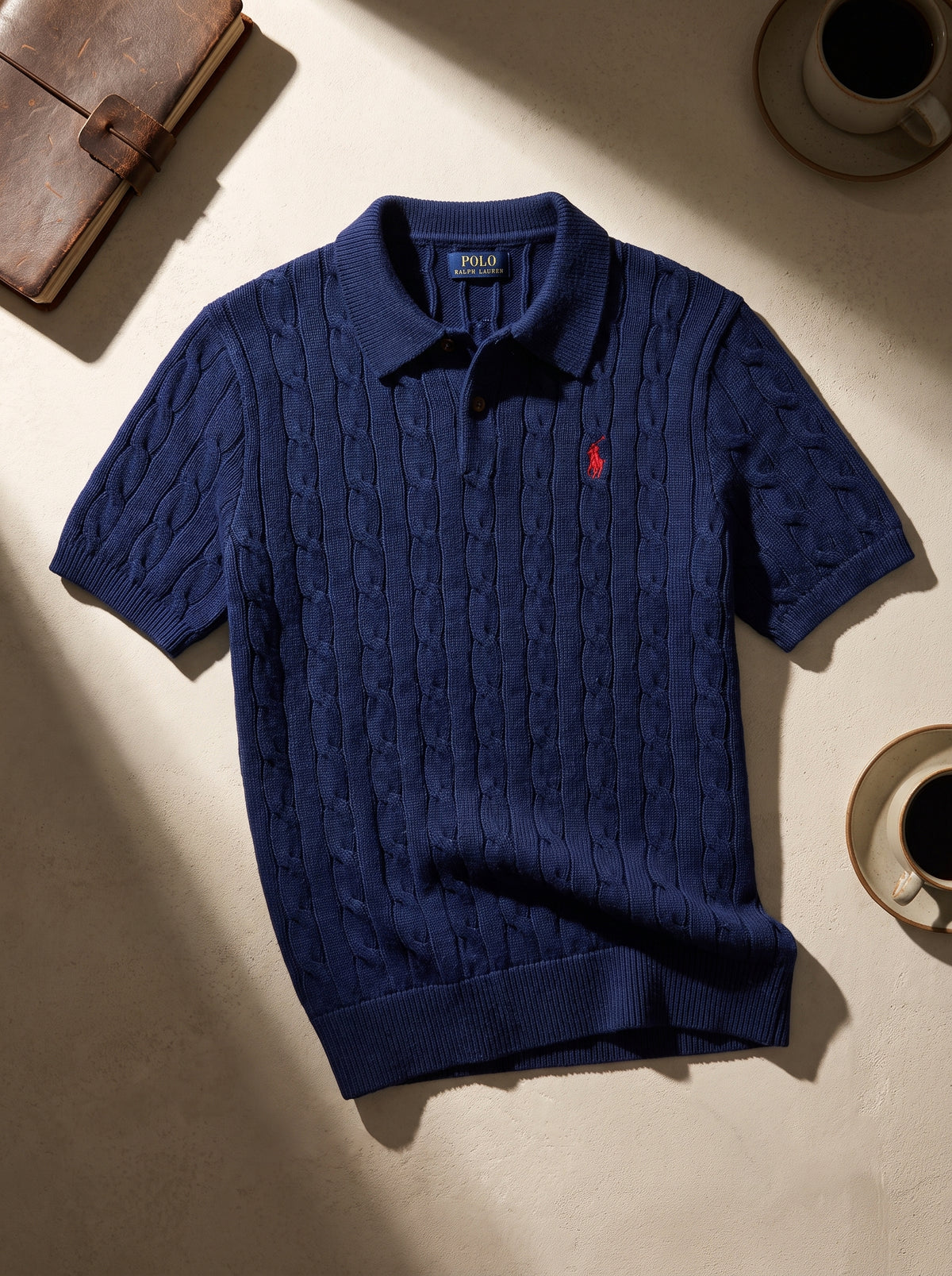 Ralph Lauren Cable Knit Polo Shirt – Navy Blue | Premium Export Quality