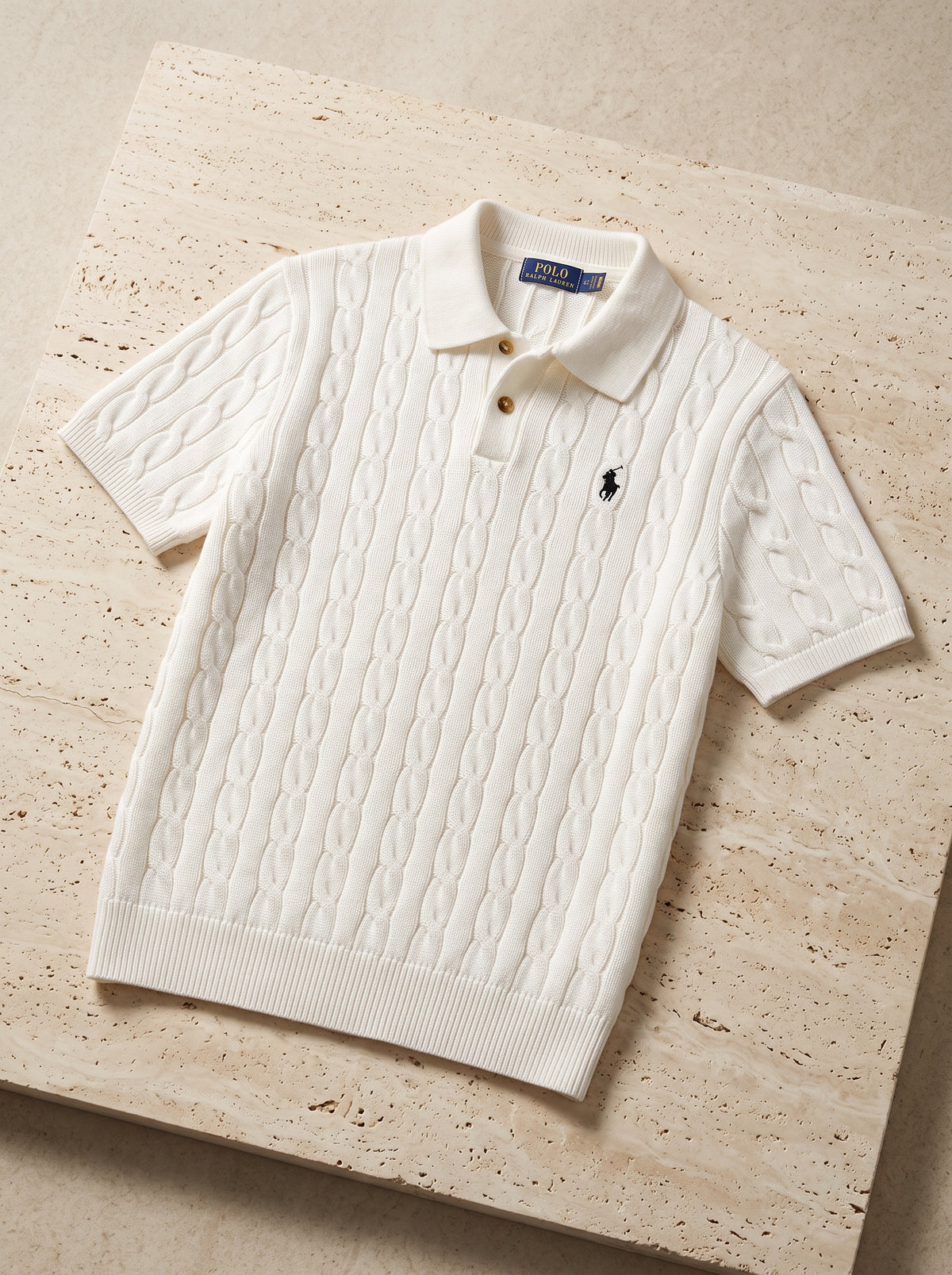 Ralph Lauren Cable Knit Polo Shirt – Off White | Premium Export Quality