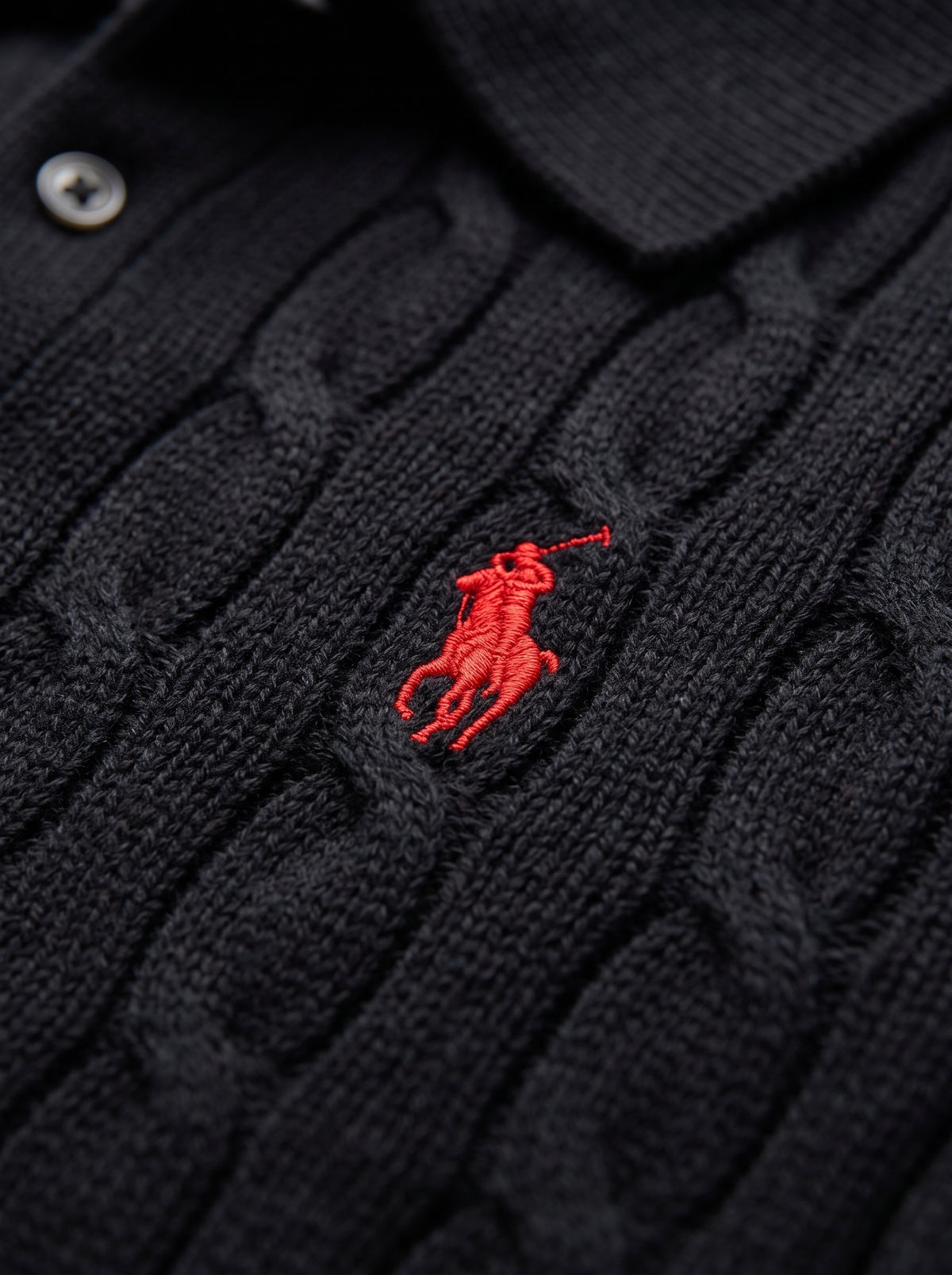 Ralph Lauren Cable Knit Polo Shirt – Black | Premium Export Quality